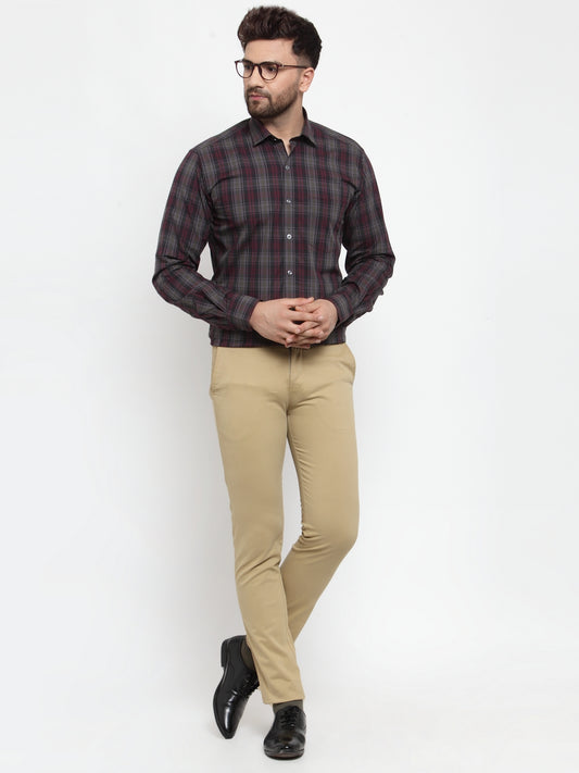 Copperline Men Grey & Pink Slim Fit Checked Formal Shirt Copperline