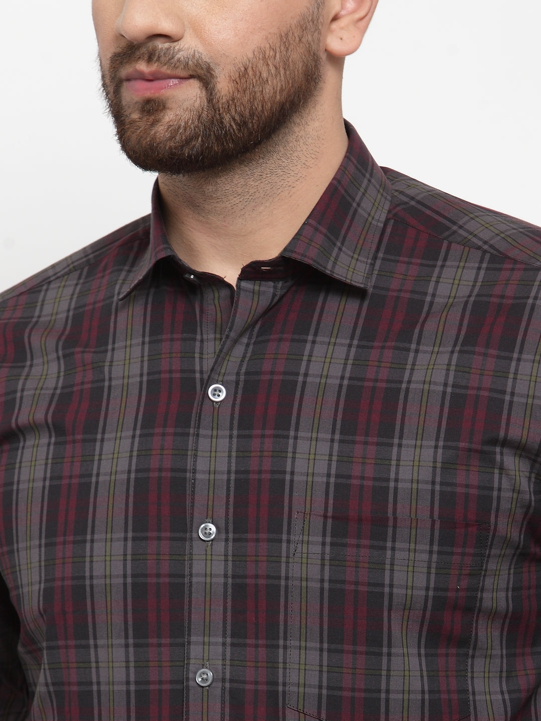 Copperline Men Grey & Pink Slim Fit Checked Formal Shirt Copperline