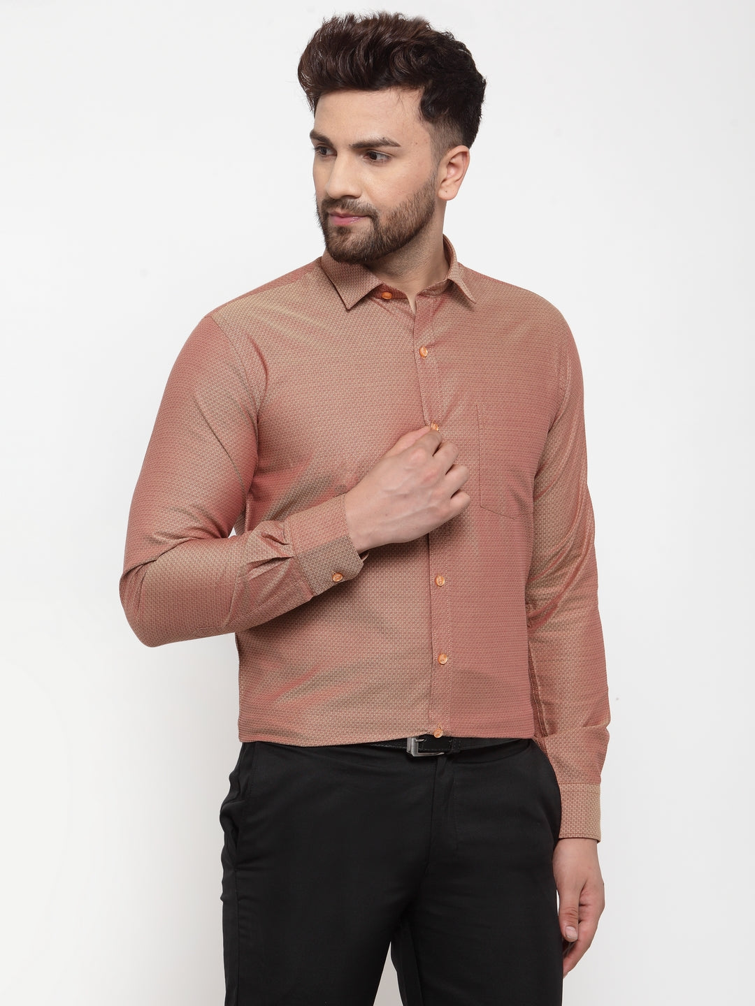 Copperline Men Brown Comfort Slim Fit Self Design Formal Shirt Copperline