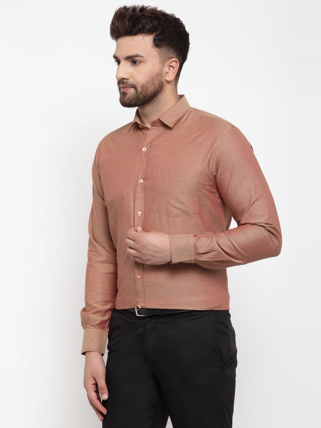 Copperline Men Brown Comfort Slim Fit Self Design Formal Shirt Copperline