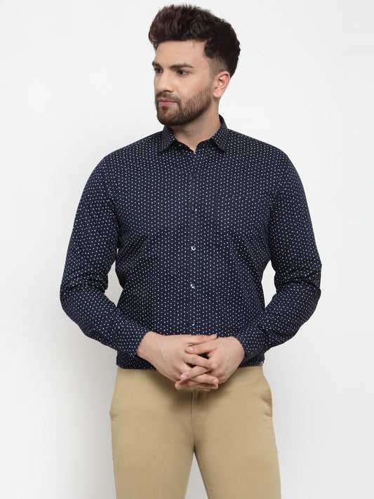 Copperline Men Navy Blue & White Slim Fit Printed Formal Shirt Copperline