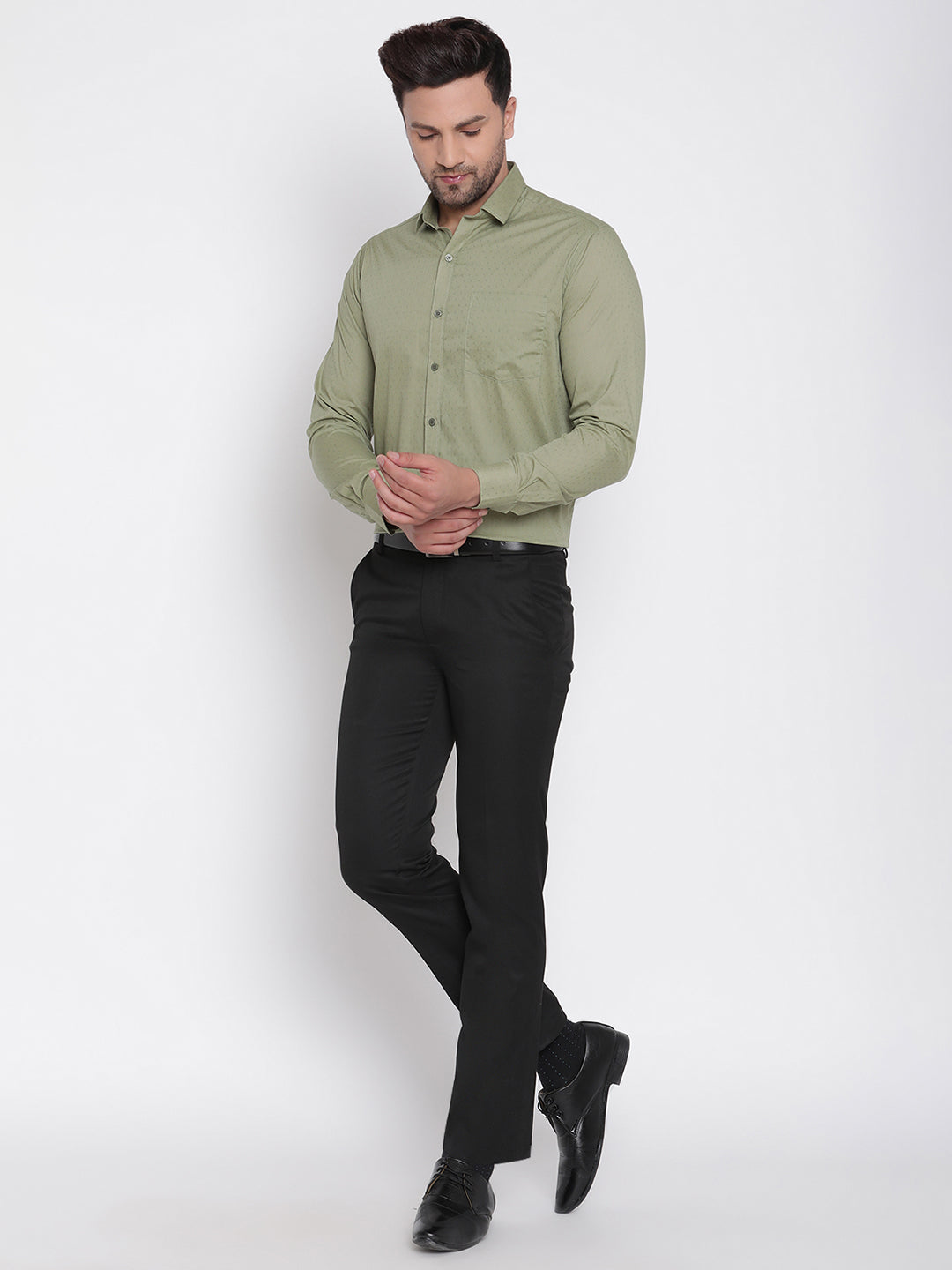 Men Olive Green Dobby Formal Shirt Copperline