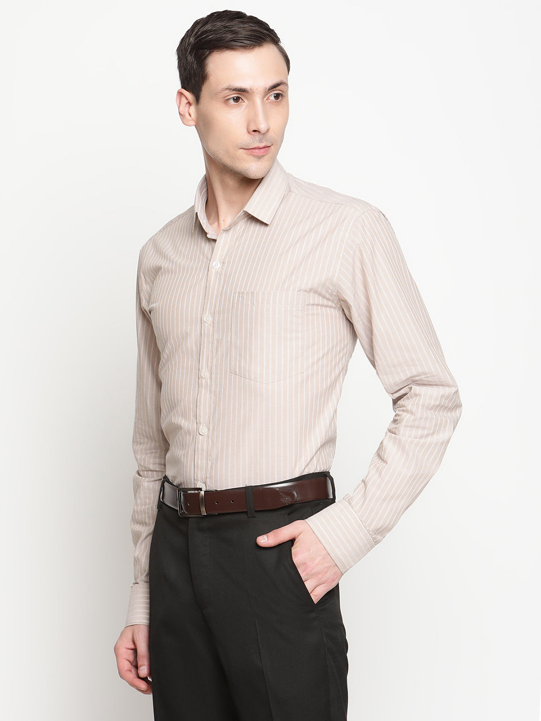 Copperline Men Beige Stripes Formal Shirt Copperline