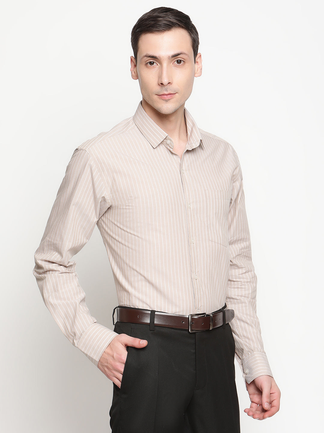 Copperline Men Beige Stripes Formal Shirt Copperline