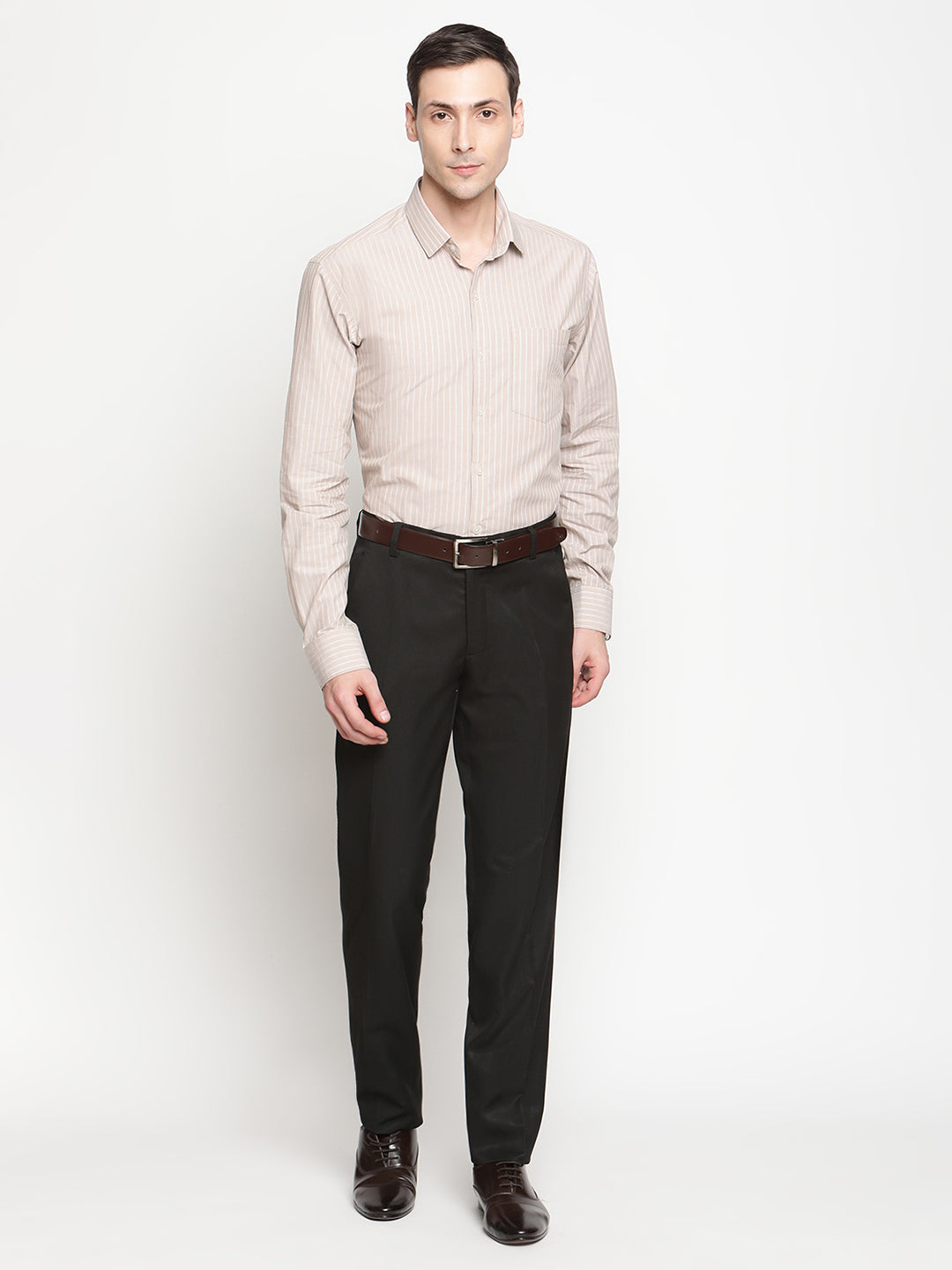 Copperline Men Beige Stripes Formal Shirt Copperline