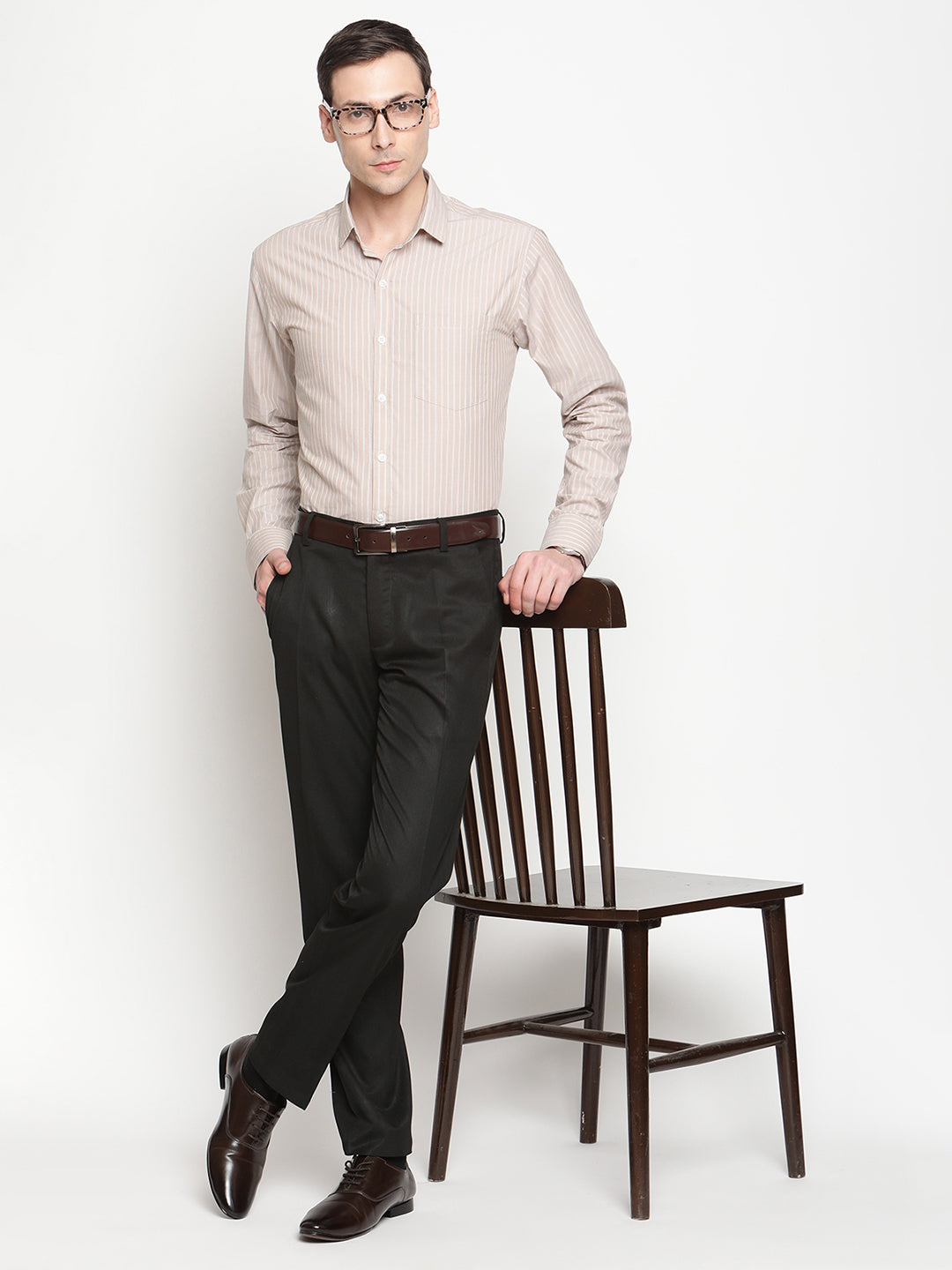 Copperline Men Beige Stripes Formal Shirt Copperline