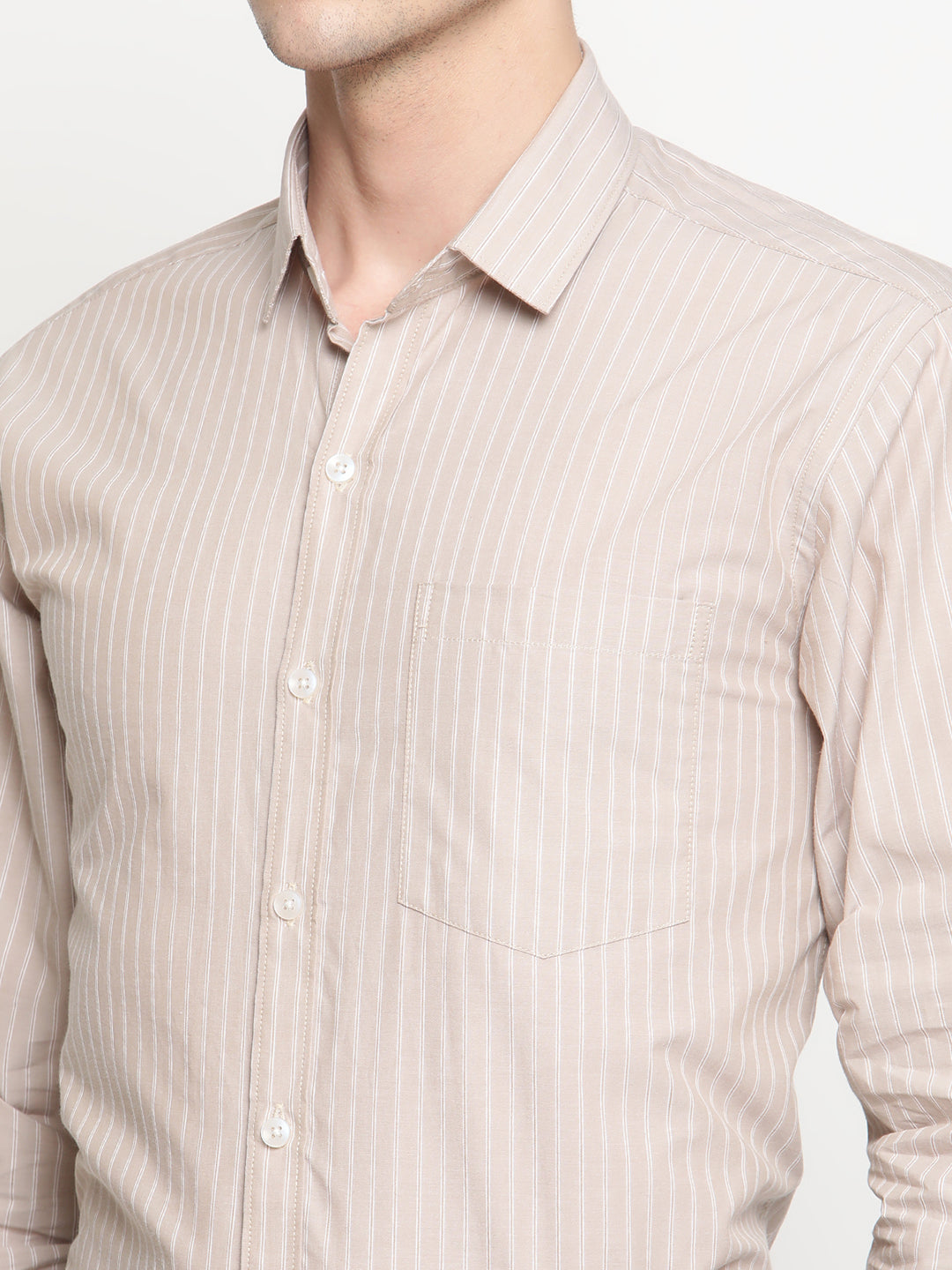 Copperline Men Beige Stripes Formal Shirt Copperline