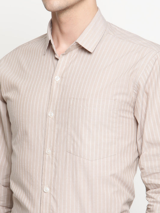 Copperline Men Beige Stripes Formal Shirt Copperline