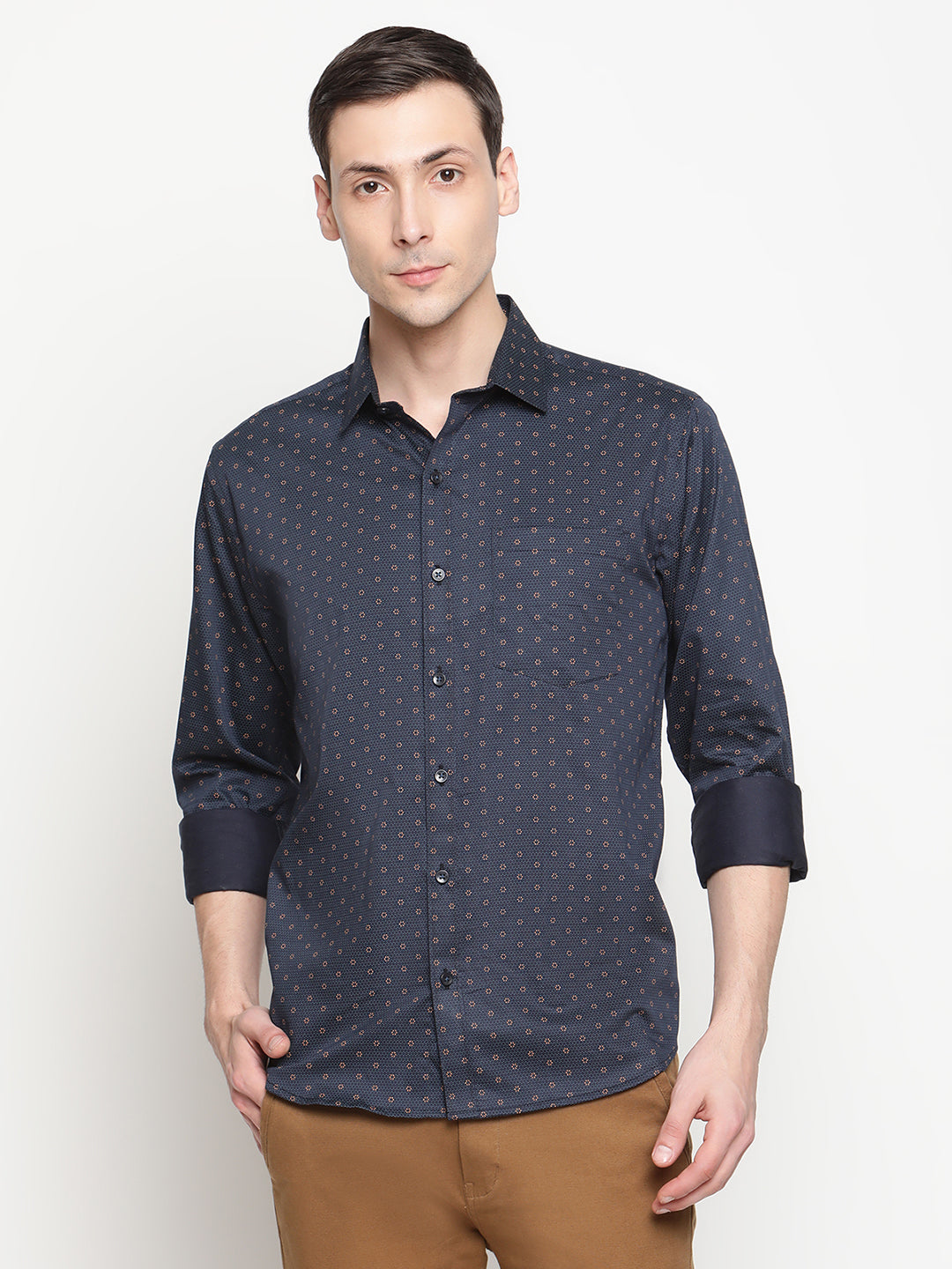 Copperline Men Navy Blue Printed Formal Shirt Copperline