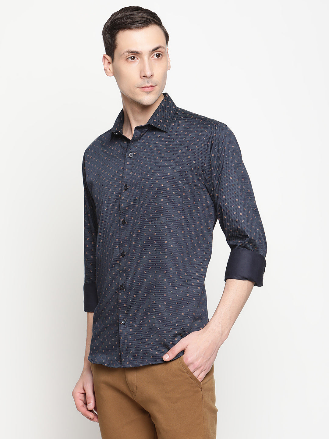 Copperline Men Navy Blue Printed Formal Shirt Copperline