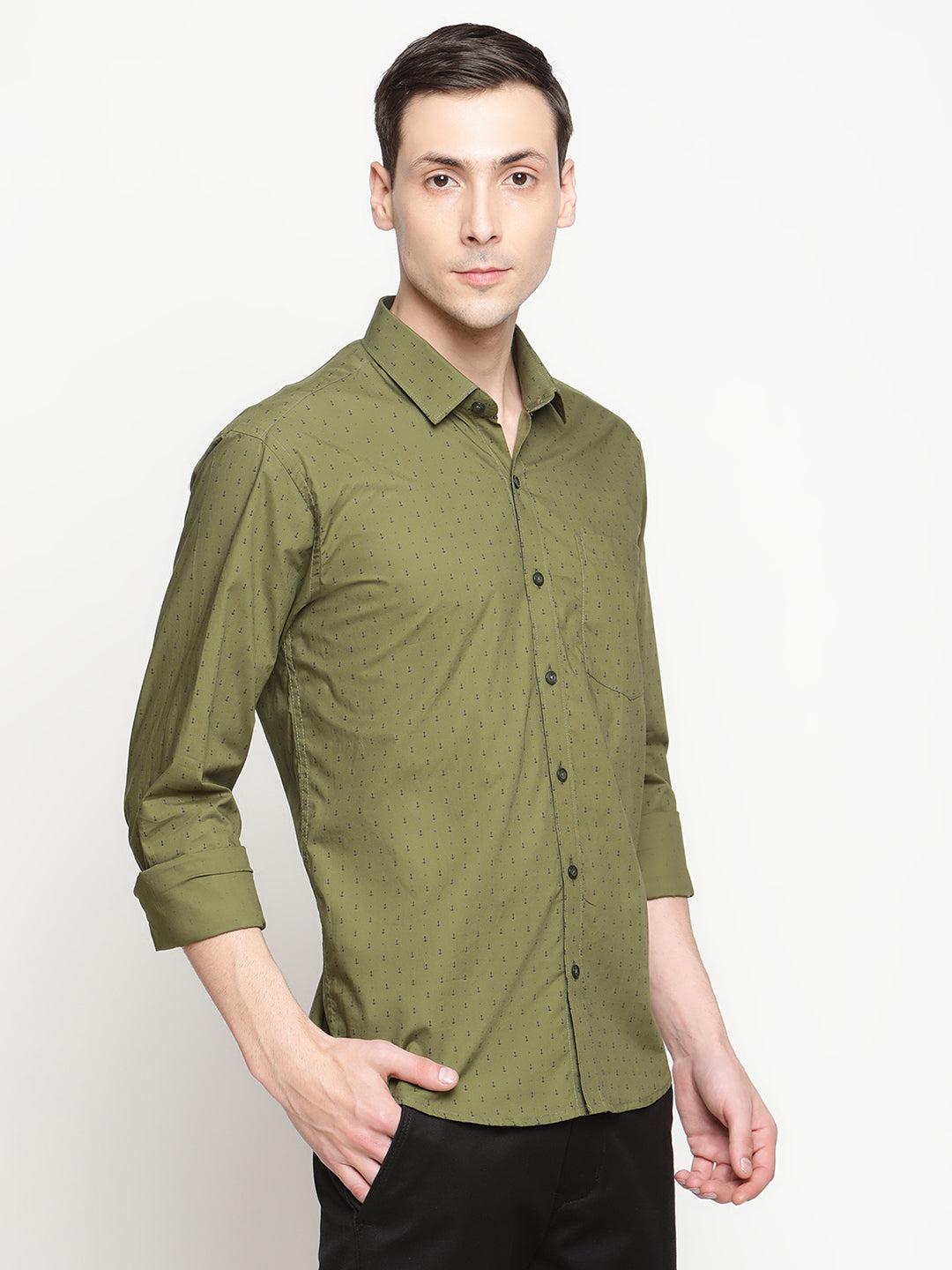 Copperline Men Olive Green Printed Formal Shirt