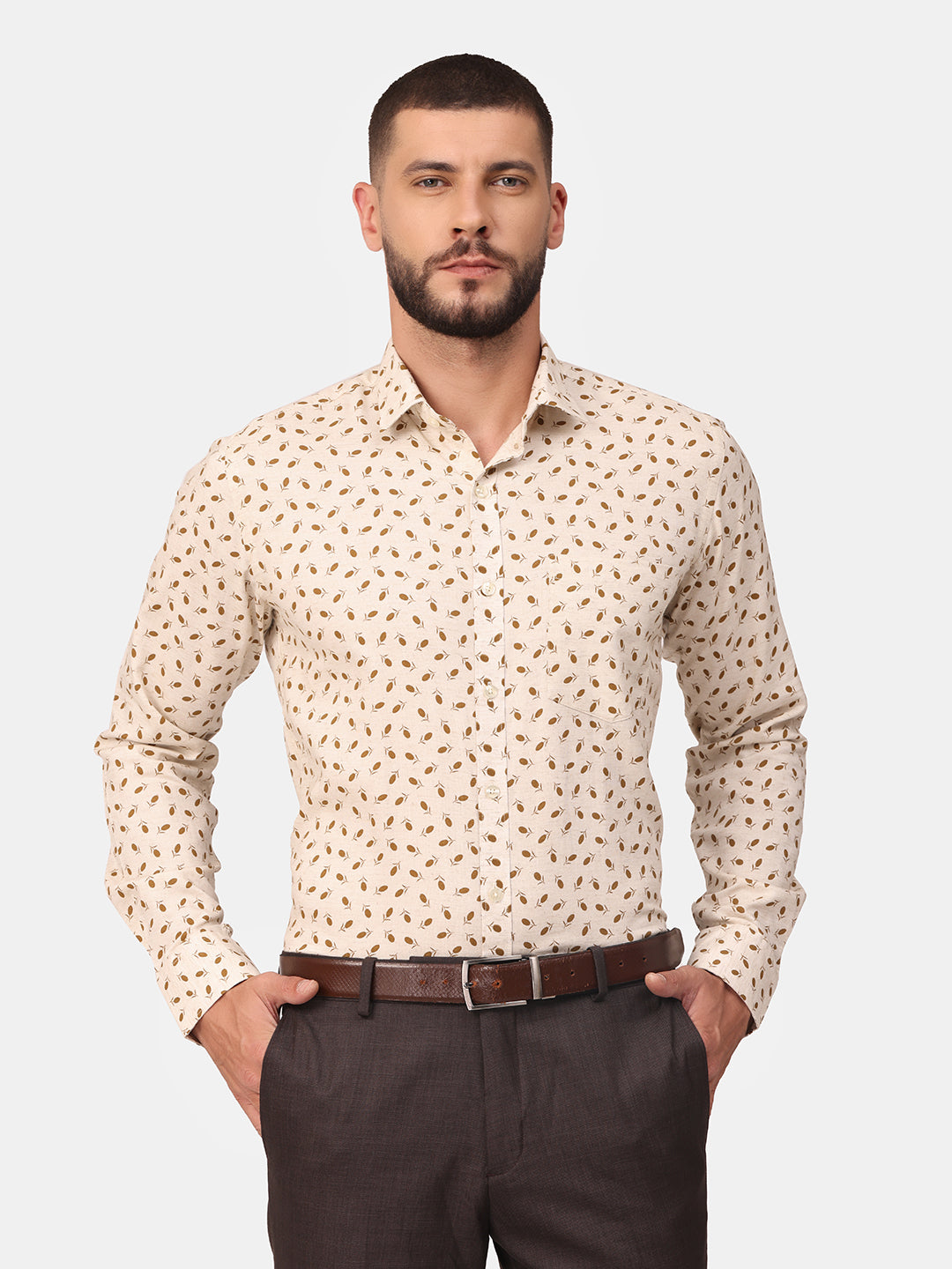 Copperline Men Beige Printed Formal Shirt Copperline