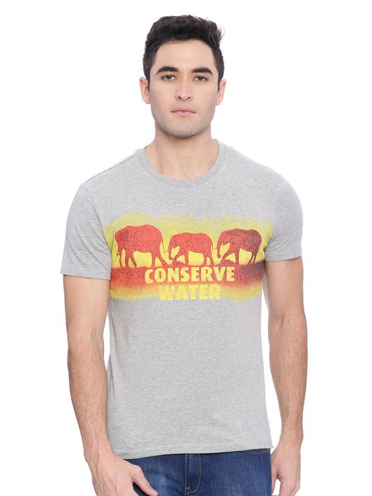 Wolfpack Men Grey Melange Printed Round Neck T-Shirt Wolfpack