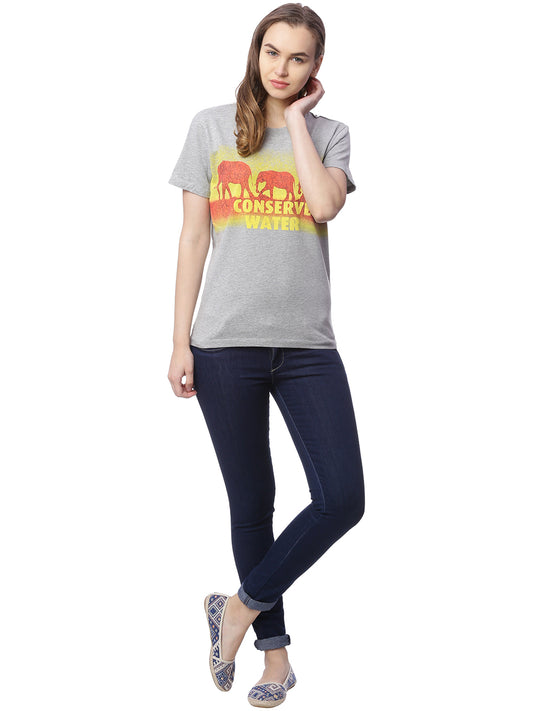 Wolfpack Women Grey Melange Printed T-Shirt Wolfpack