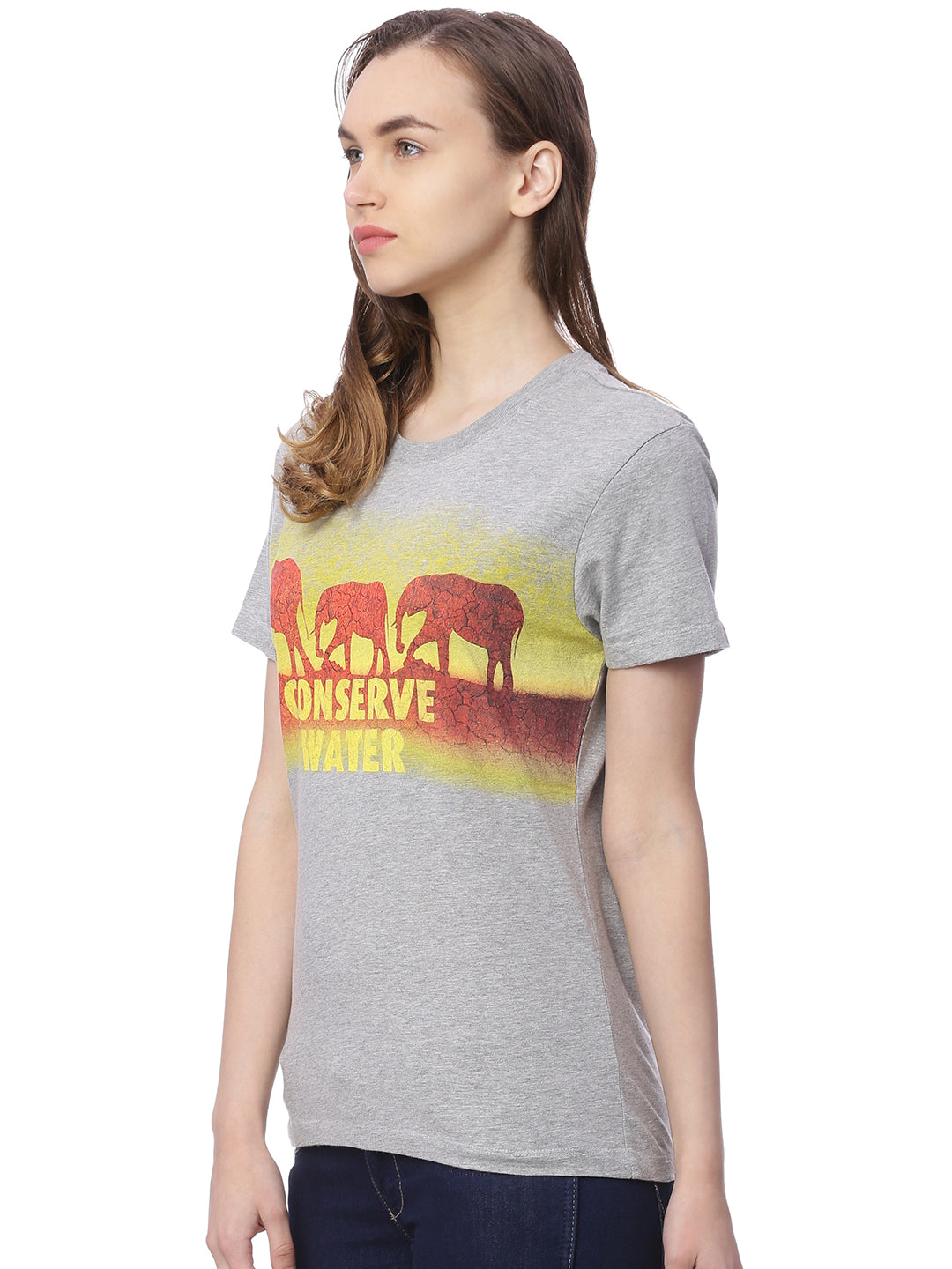 Wolfpack Women Grey Melange Printed T-Shirt Wolfpack