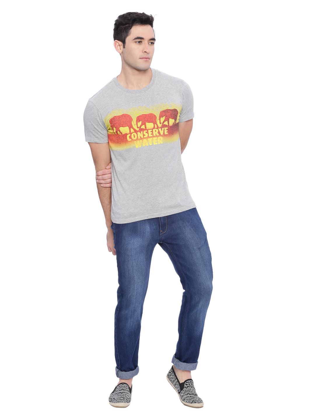 Wolfpack Men Grey Melange Printed Round Neck T-Shirt Wolfpack