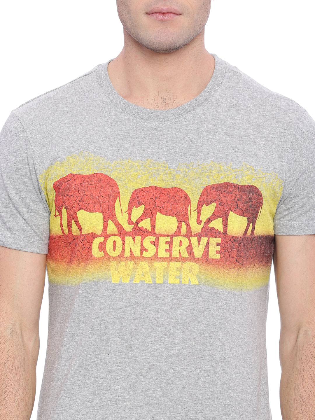 Wolfpack Men Grey Melange Printed Round Neck T-Shirt Wolfpack