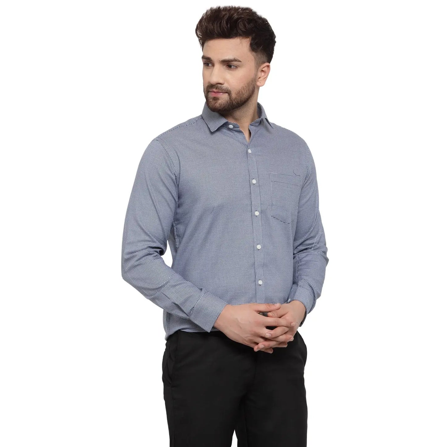 Copperline Men Navy Blue & White Slim Fit Checked Formal Shirt Copperline