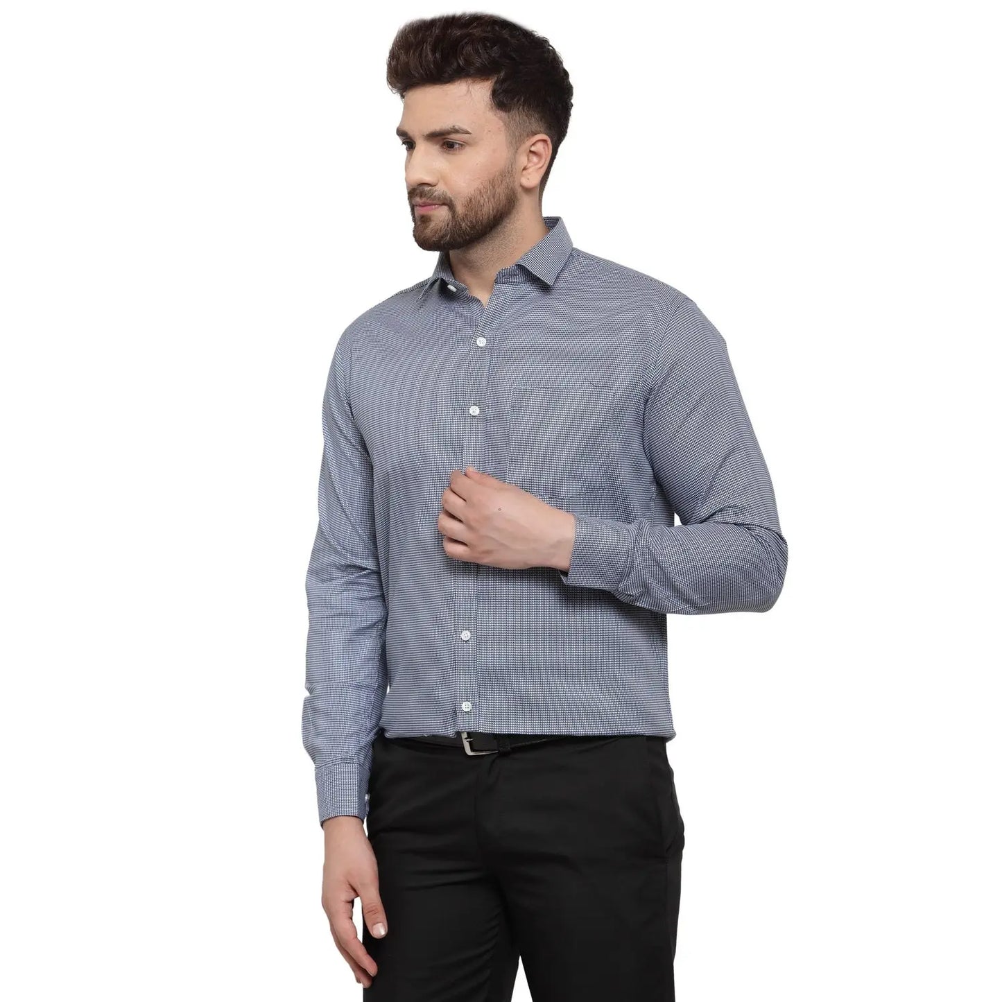 Copperline Men Navy Blue & White Slim Fit Checked Formal Shirt Copperline