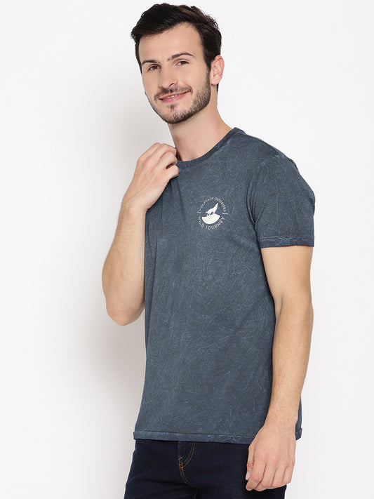 Crinkle Wash Blue Printed Men T-Shirt Wolfpack