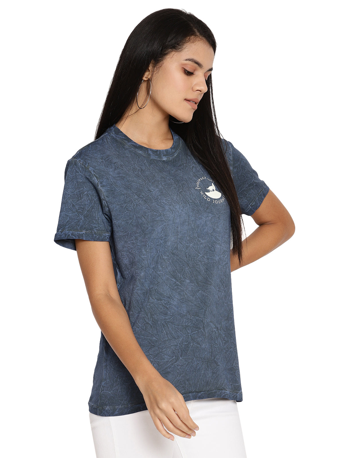 Wolfpack Crinkle Wash Blue Printed Women T-Shirt Wolfpack