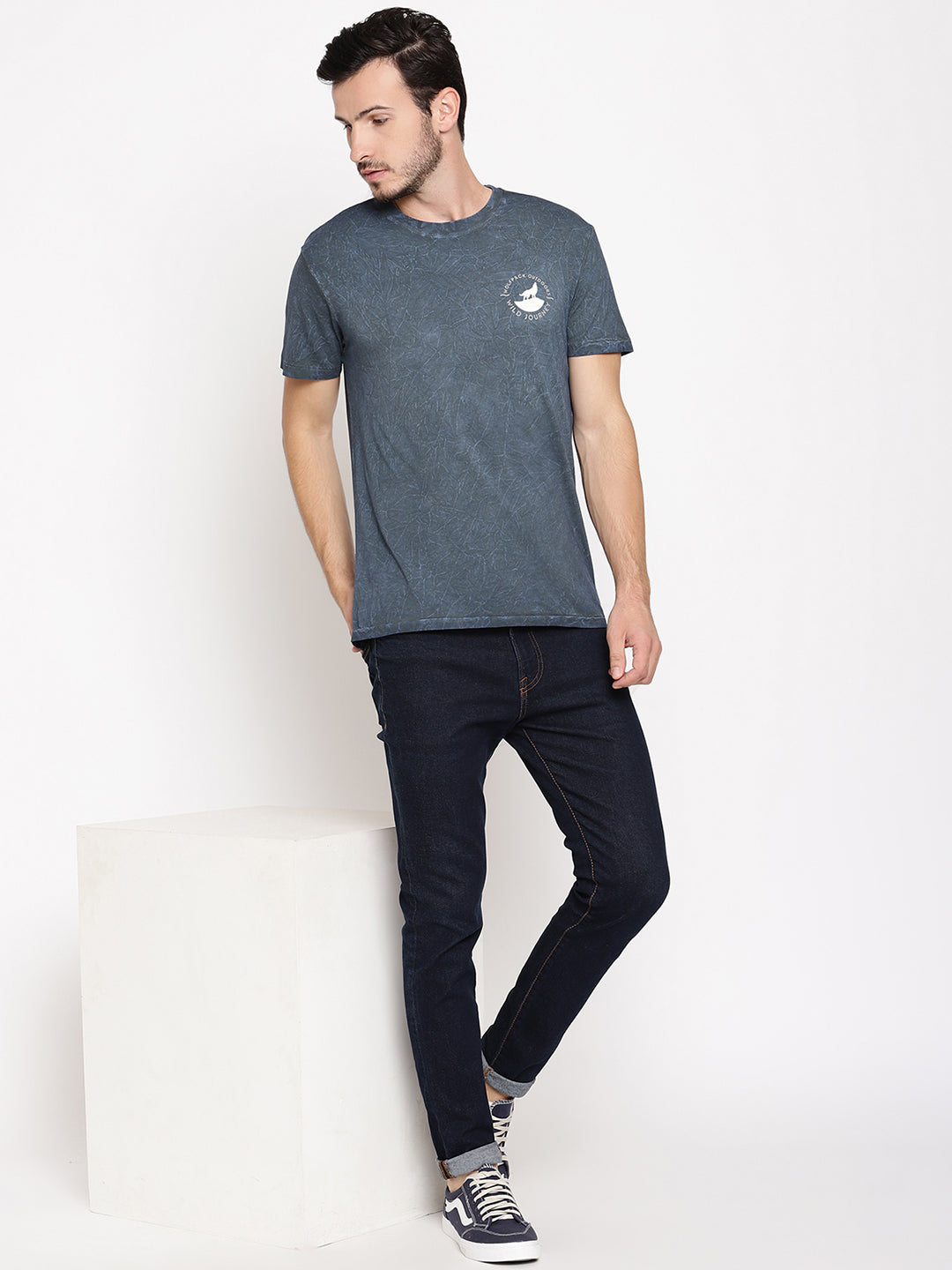 Crinkle Wash Blue Printed Men T-Shirt Wolfpack