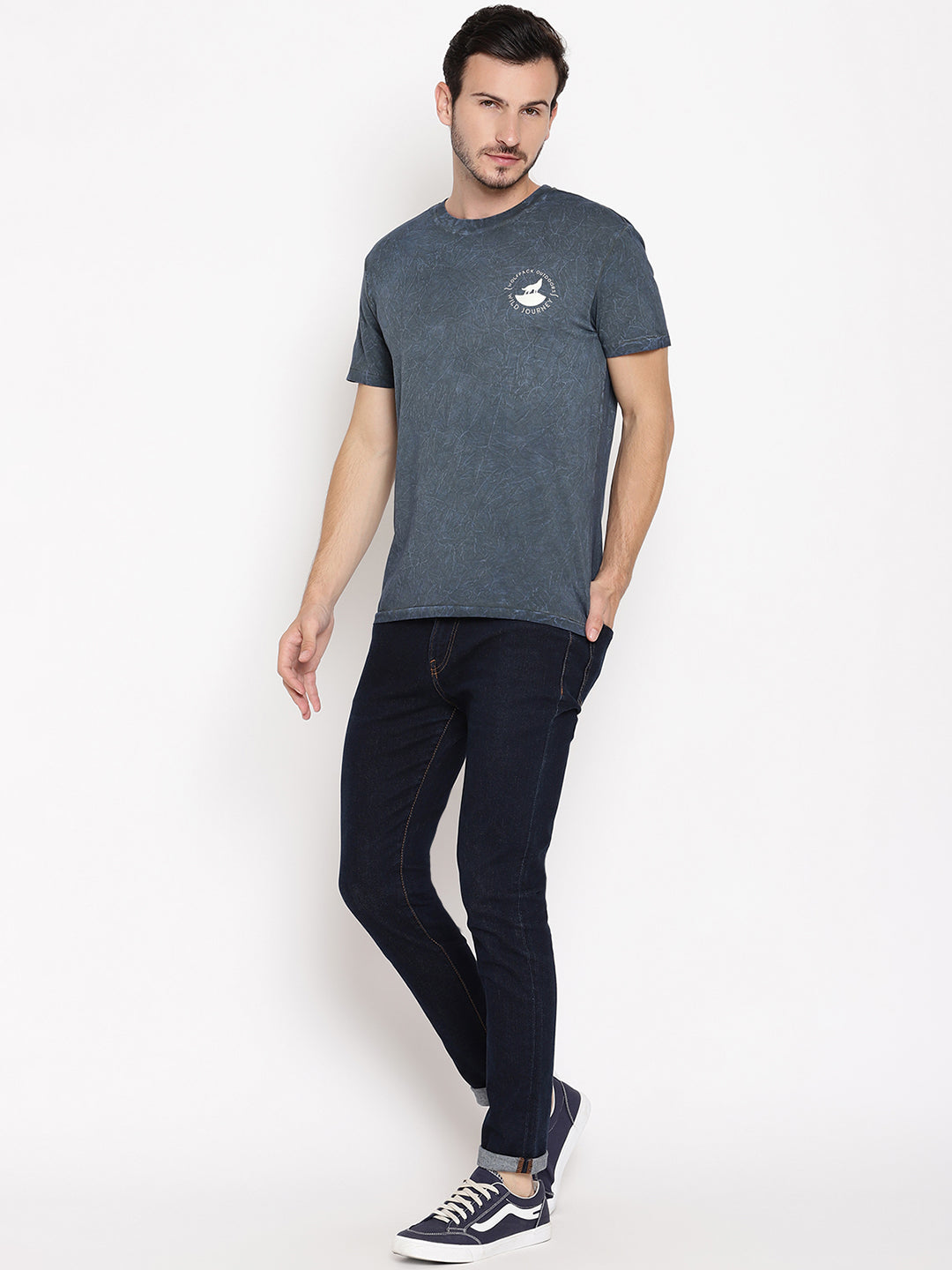 Crinkle Wash Blue Printed Men T-Shirt Wolfpack