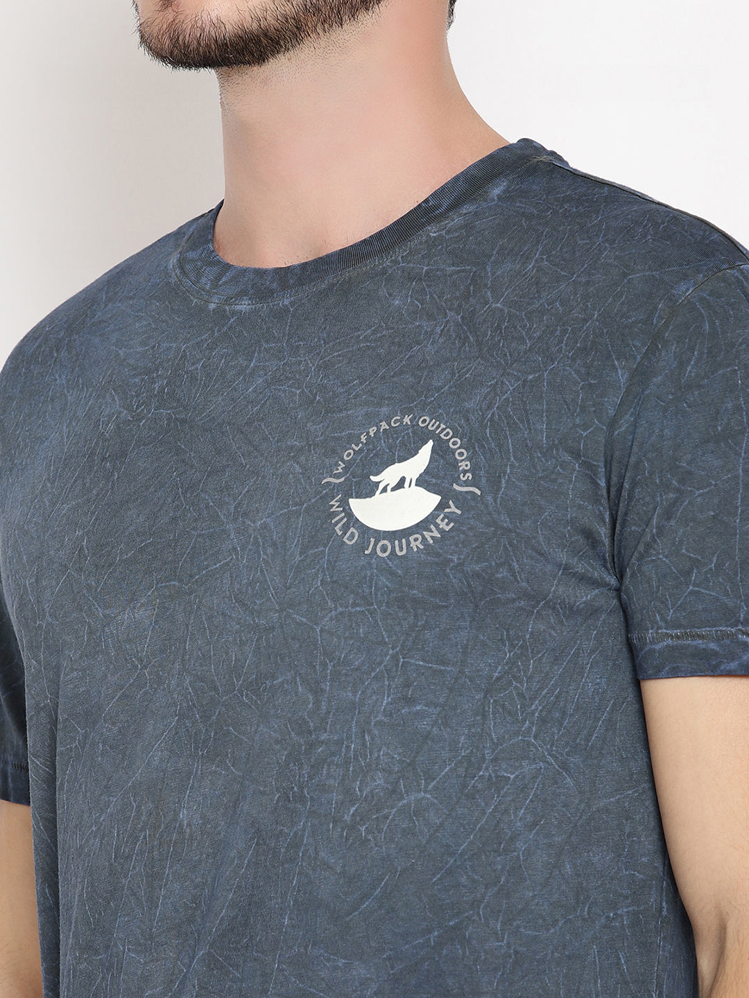Crinkle Wash Blue Printed Men T-Shirt Wolfpack