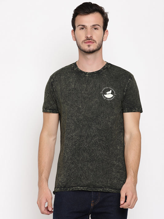 Crinkle Wash Leaf Green Printed Men T-Shirt Wolfpack