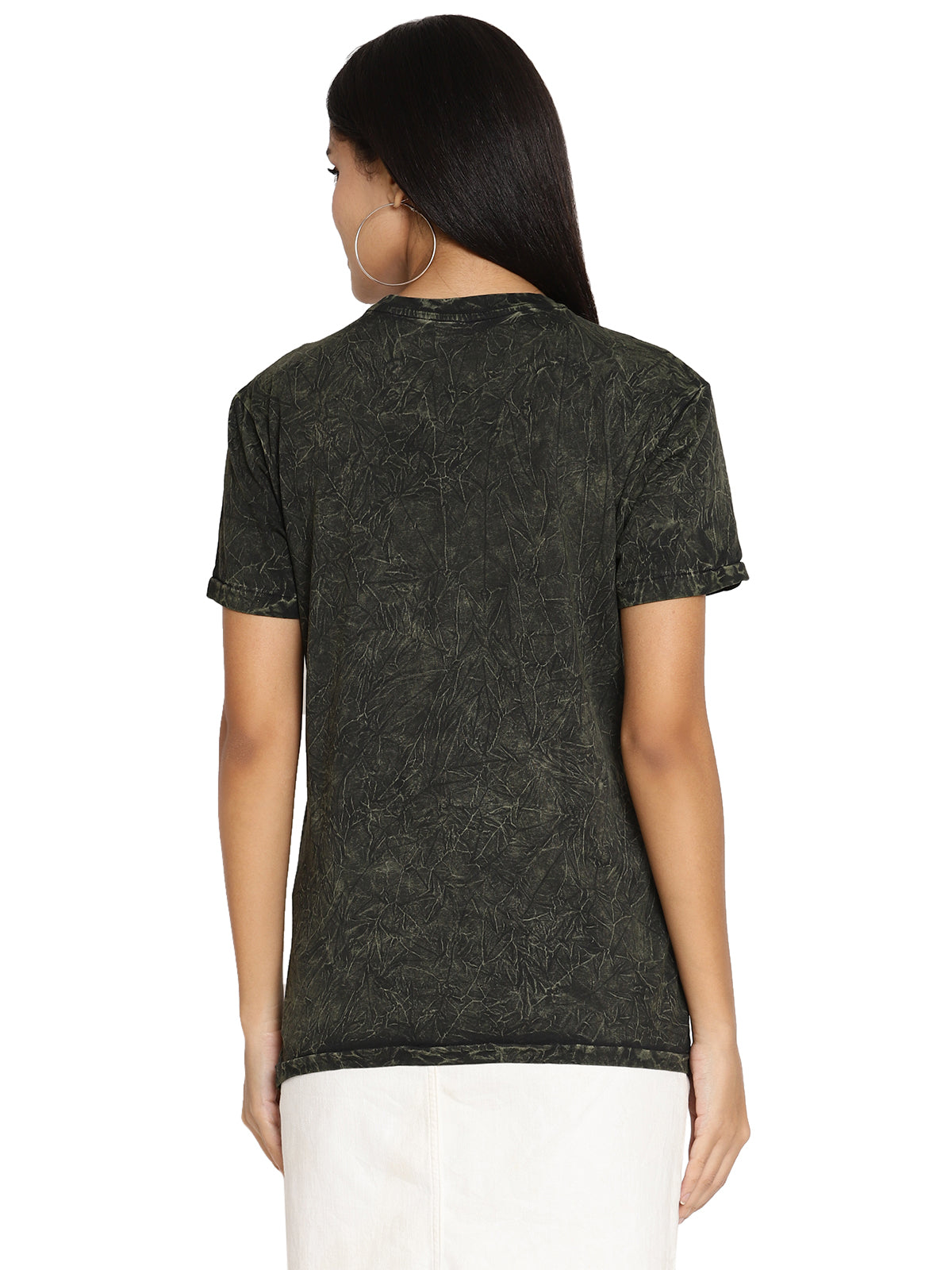 Wolfpack Crinkle Wash Leaf Green Printed Women T-Shirt Wolfpack