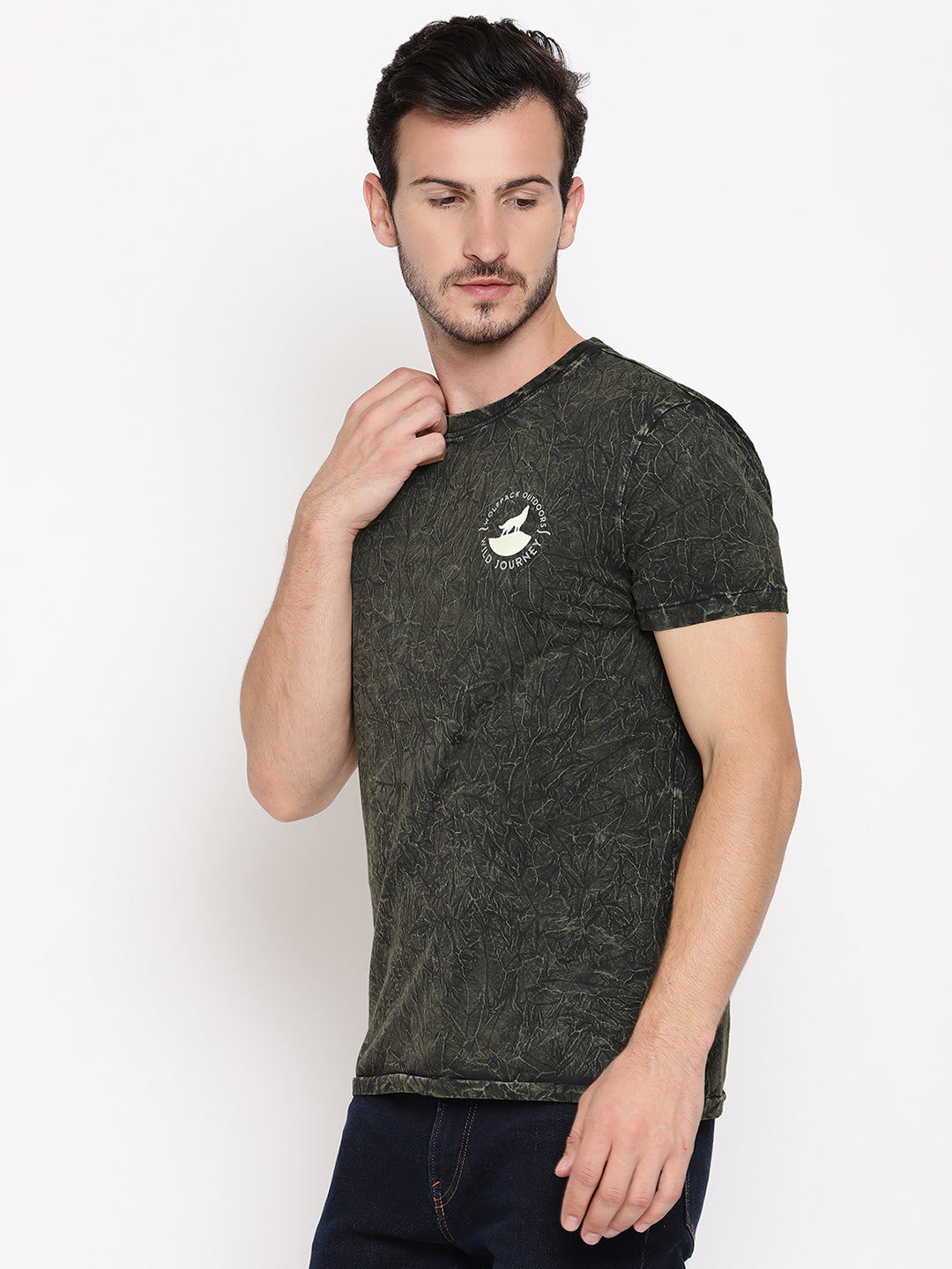 Crinkle Wash Leaf Green Printed Men T-Shirt Wolfpack