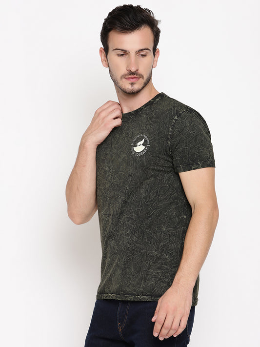 Crinkle Wash Leaf Green Printed Men T-Shirt Wolfpack