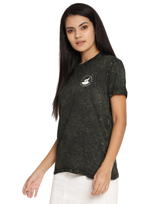 Wolfpack Crinkle Wash Leaf Green Printed Women T-Shirt Wolfpack