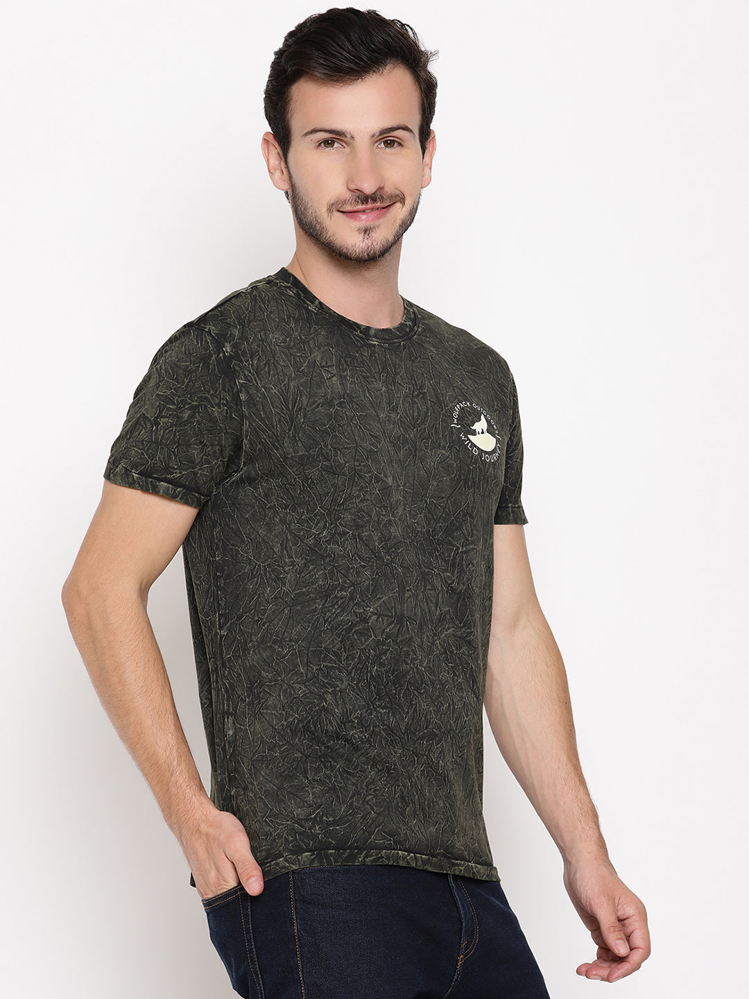 Crinkle Wash Leaf Green Printed Men T-Shirt Wolfpack