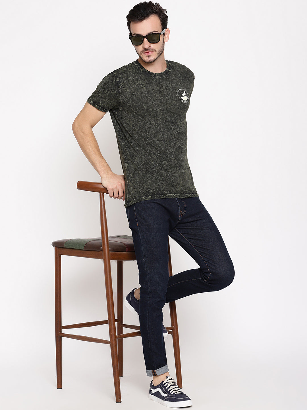 Crinkle Wash Leaf Green Printed Men T-Shirt Wolfpack