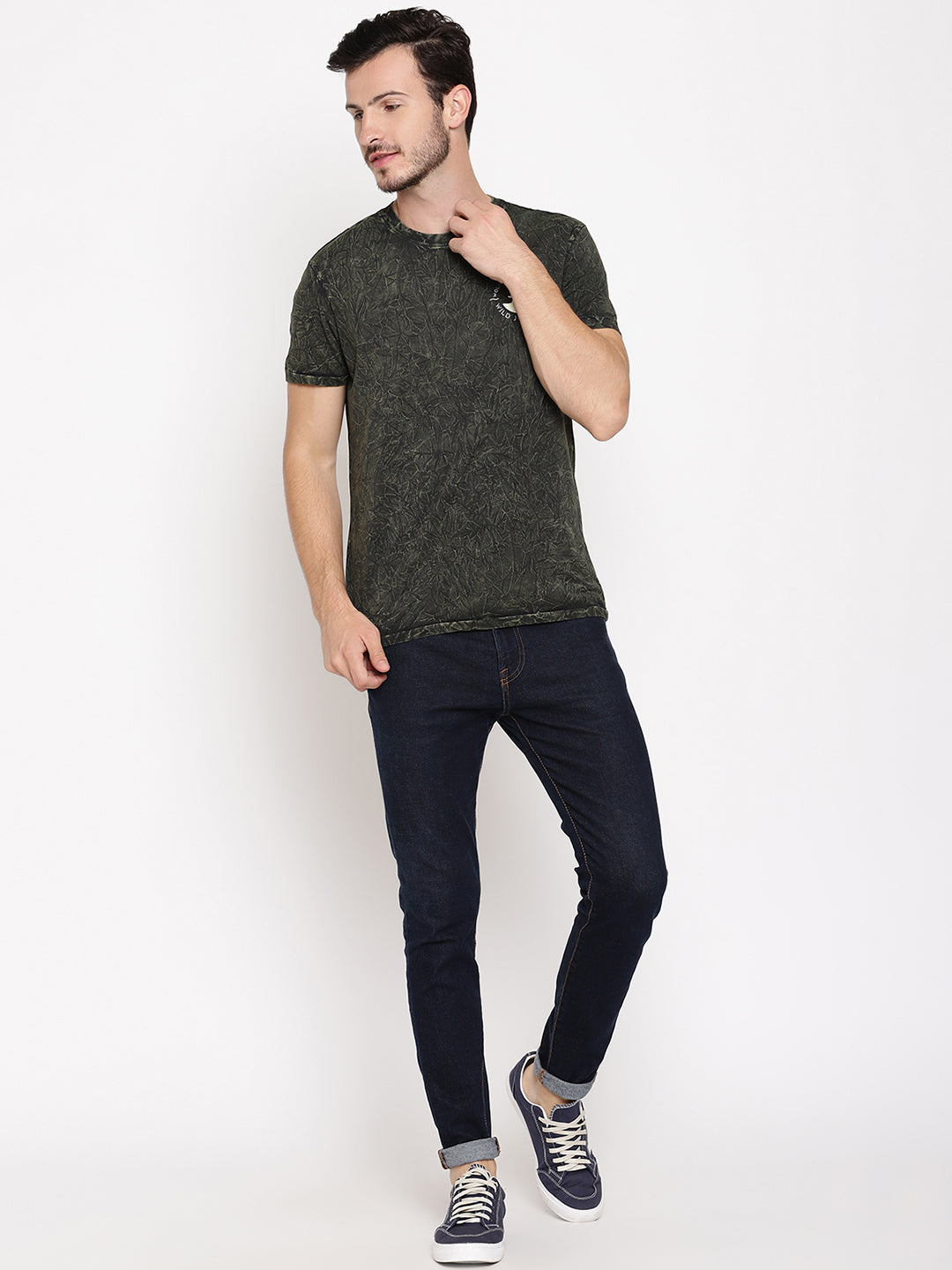 Crinkle Wash Leaf Green Printed Men T-Shirt Wolfpack