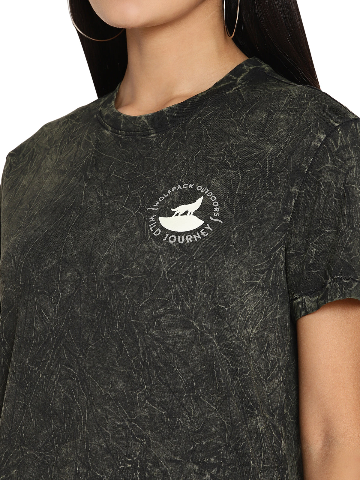 Wolfpack Crinkle Wash Leaf Green Printed Women T-Shirt Wolfpack