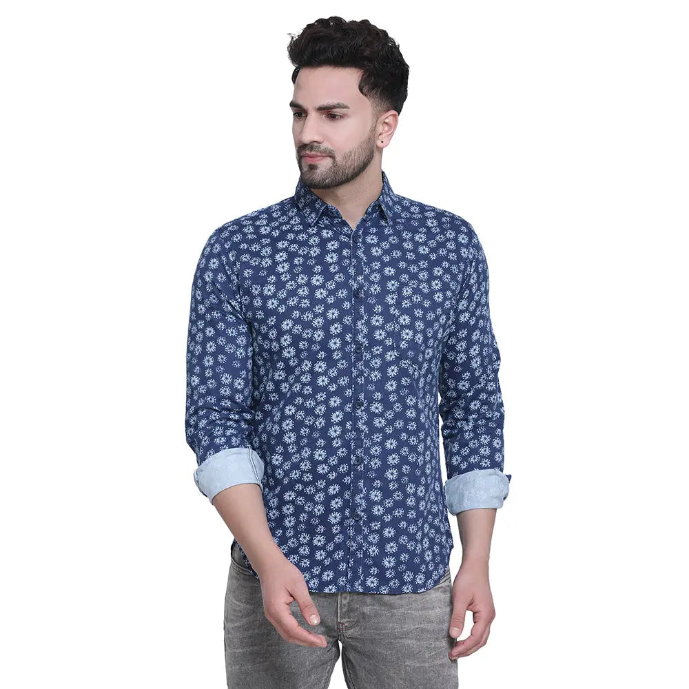 Crosscreek Men Blue Slim Fit Printed Denim Casual Shirt Crosscreek
