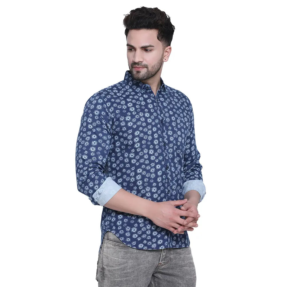 Crosscreek Men Blue Slim Fit Printed Denim Casual Shirt Crosscreek