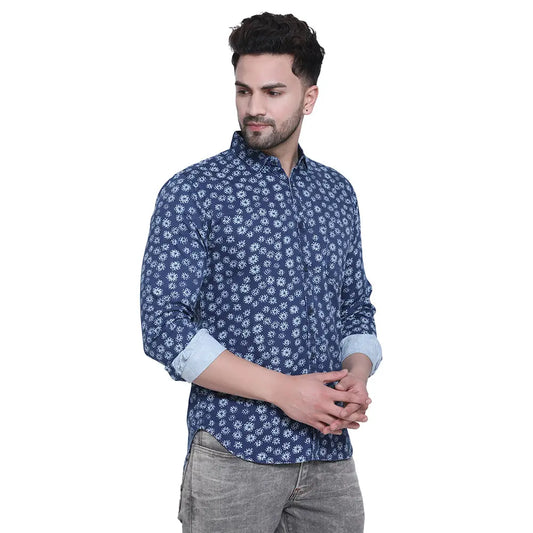 Crosscreek Men Blue Slim Fit Printed Denim Casual Shirt Crosscreek