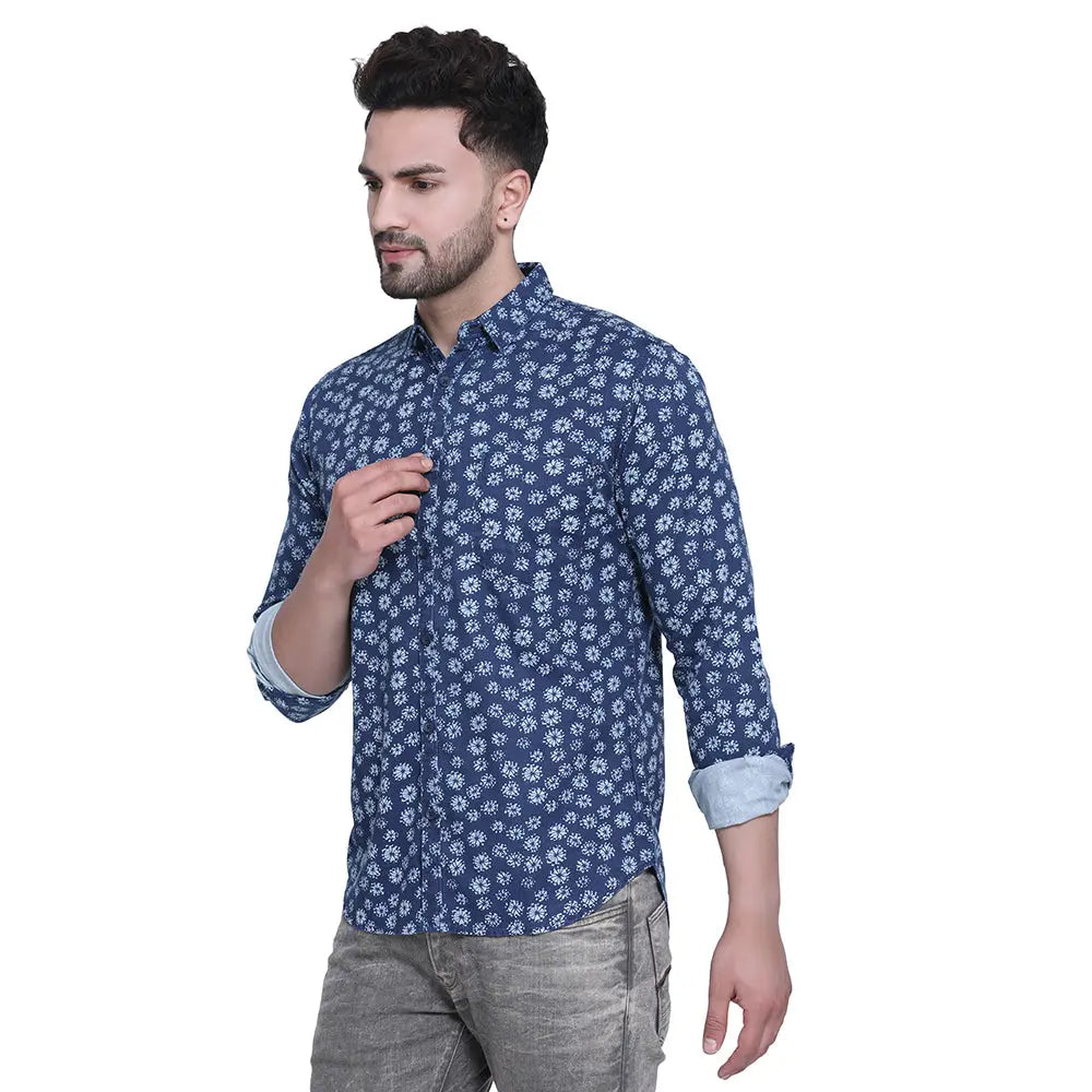 Crosscreek Men Blue Slim Fit Printed Denim Casual Shirt Crosscreek