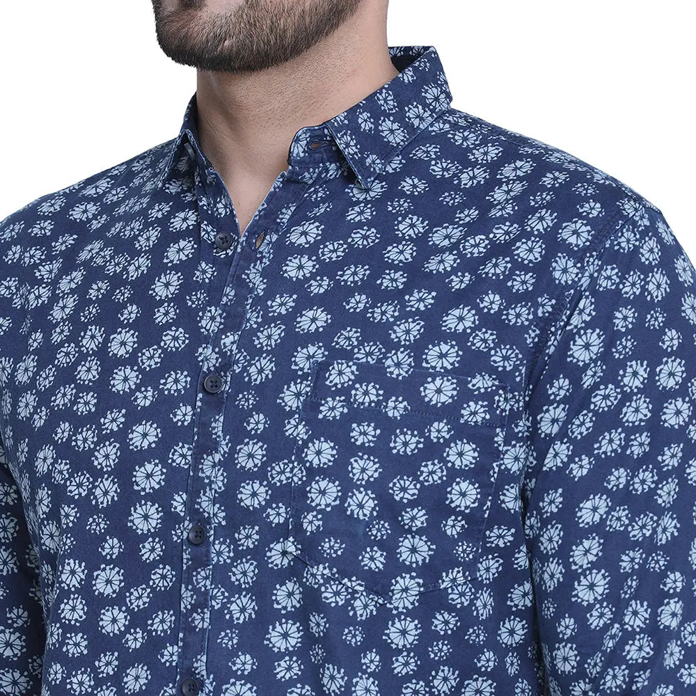 Crosscreek Men Blue Slim Fit Printed Denim Casual Shirt Crosscreek