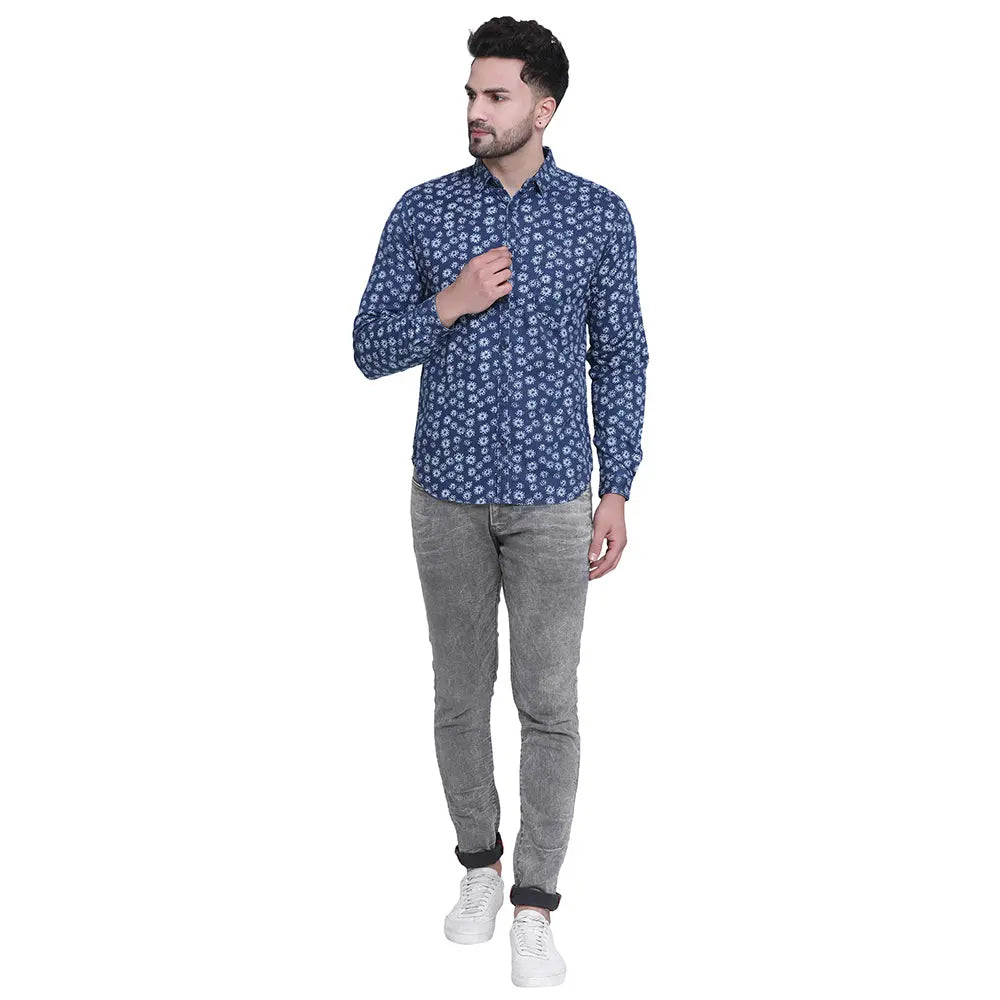 Crosscreek Men Blue Slim Fit Printed Denim Casual Shirt Crosscreek