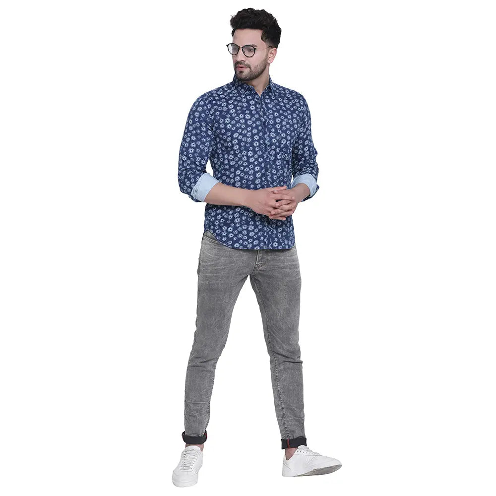 Crosscreek Men Blue Slim Fit Printed Denim Casual Shirt Crosscreek