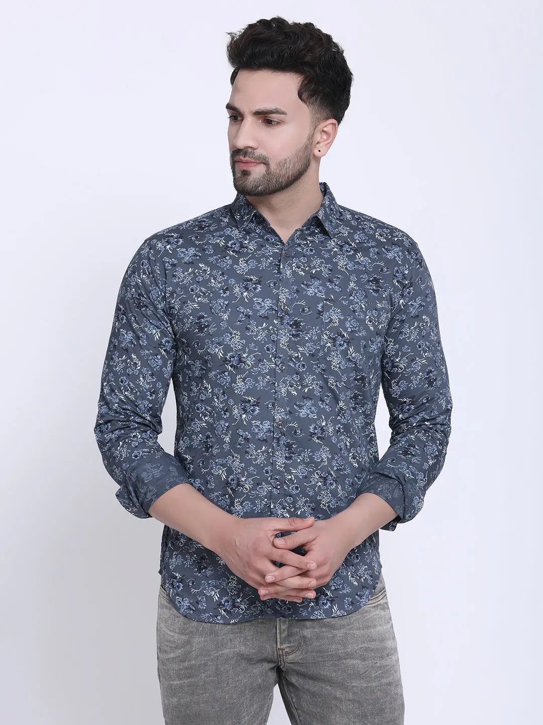 Crosscreek Men Grey & Blue Slim Fit Printed Denim Casual Shirt Crosscreek
