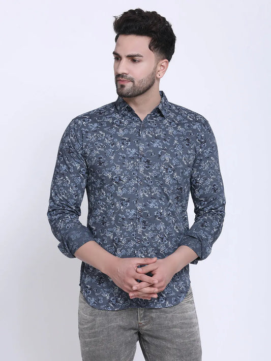 Crosscreek Men Grey & Blue Slim Fit Printed Denim Casual Shirt Crosscreek