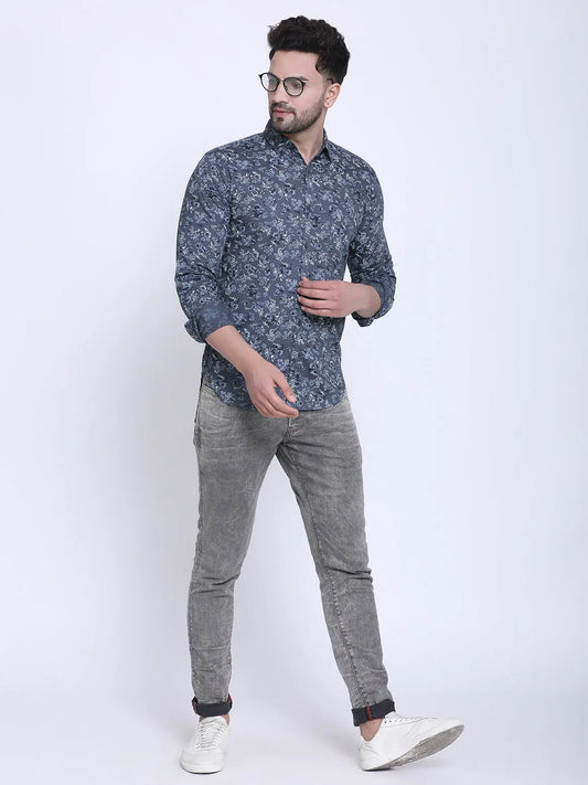 Crosscreek Men Grey & Blue Slim Fit Printed Denim Casual Shirt Crosscreek