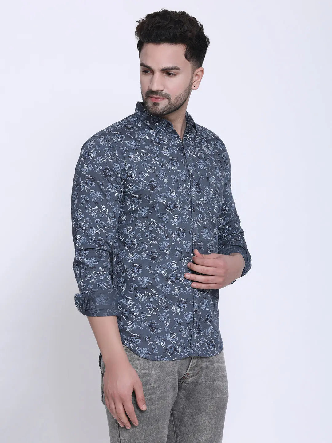 Crosscreek Men Grey & Blue Slim Fit Printed Denim Casual Shirt Crosscreek