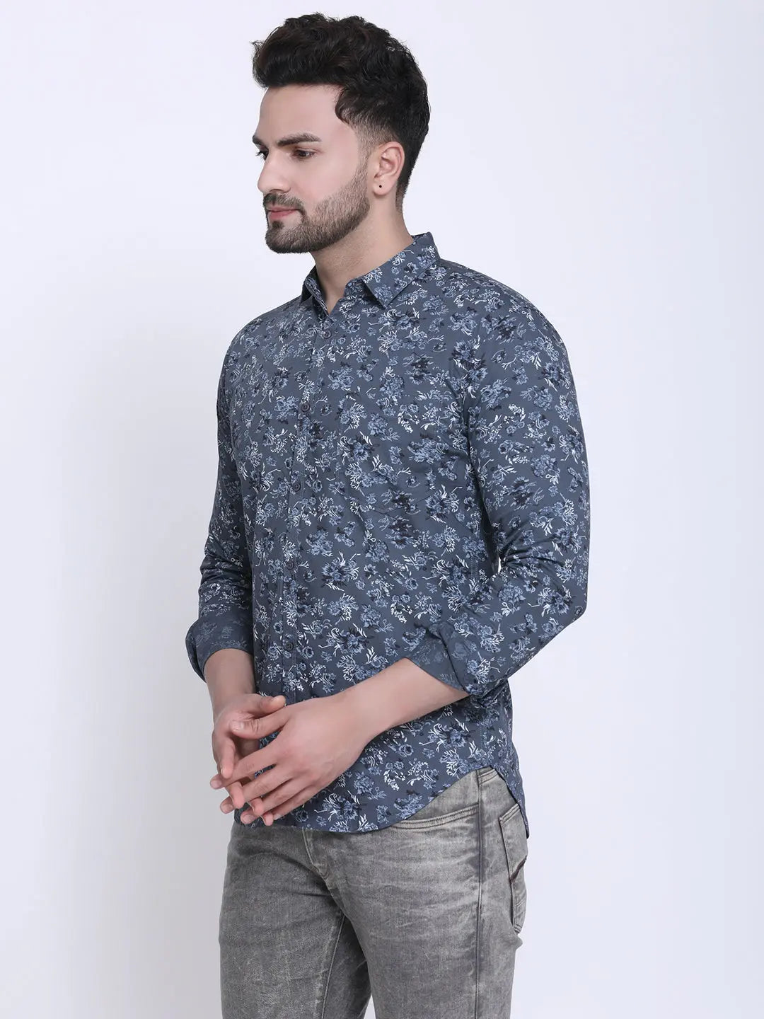 Crosscreek Men Grey & Blue Slim Fit Printed Denim Casual Shirt Crosscreek