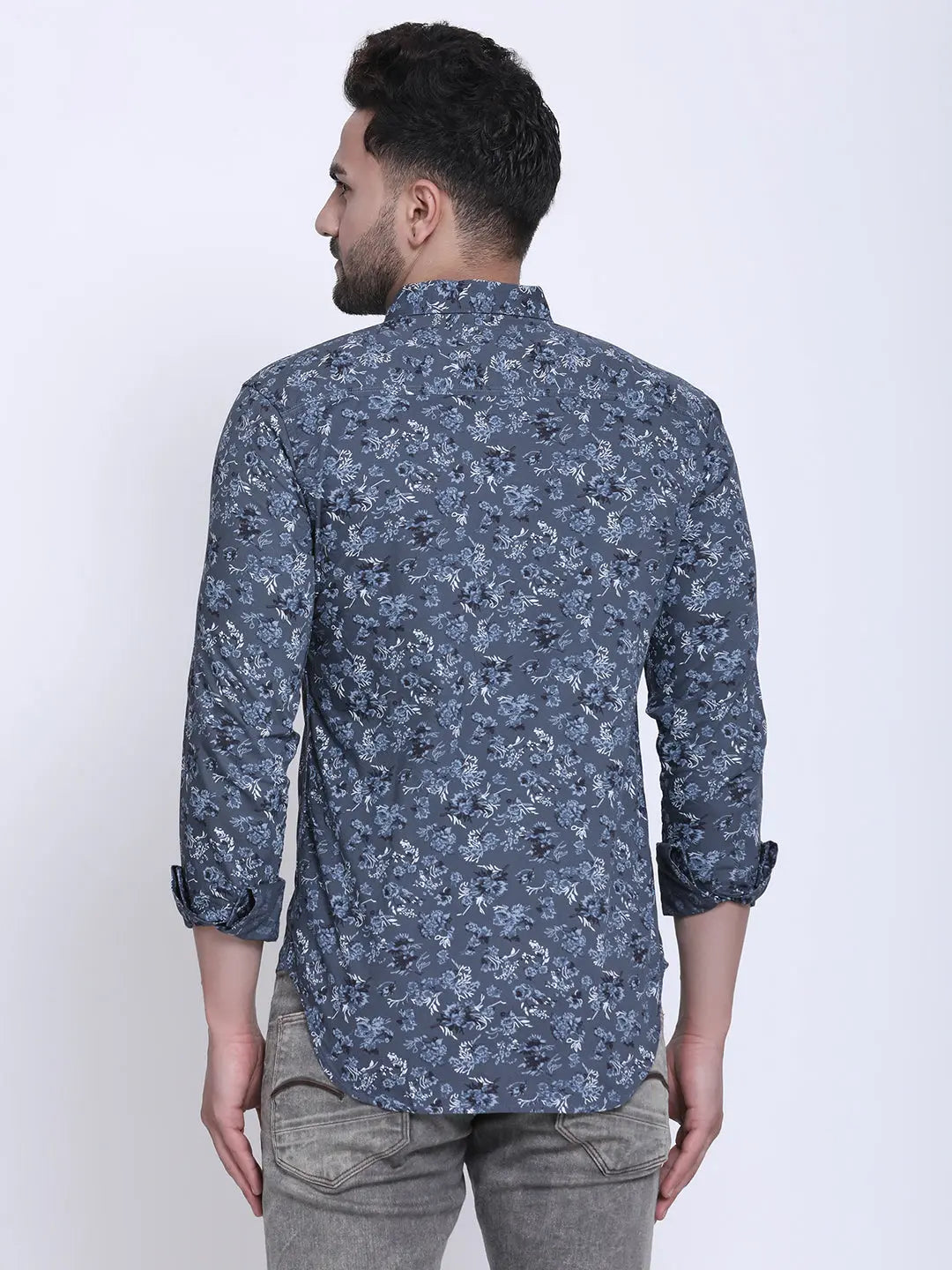 Crosscreek Men Grey & Blue Slim Fit Printed Denim Casual Shirt Crosscreek